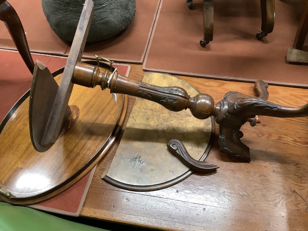 A Victorian circular walnut tripod table (in need of restoration), together with an Edwardian inlaid oval tea tray